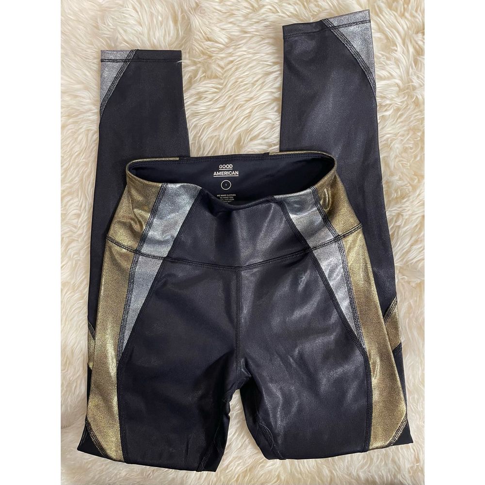 Good American Sport High Waist Full Length Legging Size 1 (SM) Black Gold Silver
